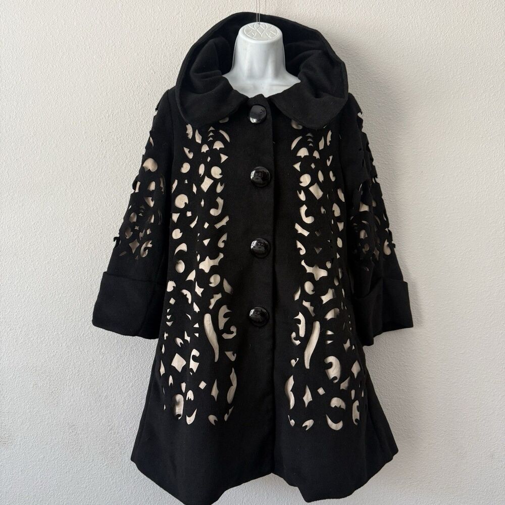 RYU Black Laser Cutout Lace Peacoat Shawl Collar ModCloth Whimsygoth Jacket L